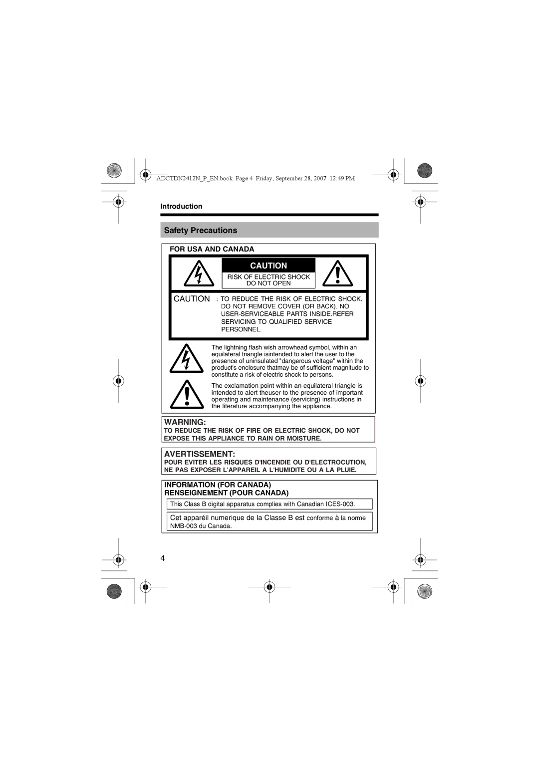 American Dynamics ADCTDN0230P, ADCTDN2412N manual Safety Precautions, Introduction, Risk of Electric Shock Do not Open 