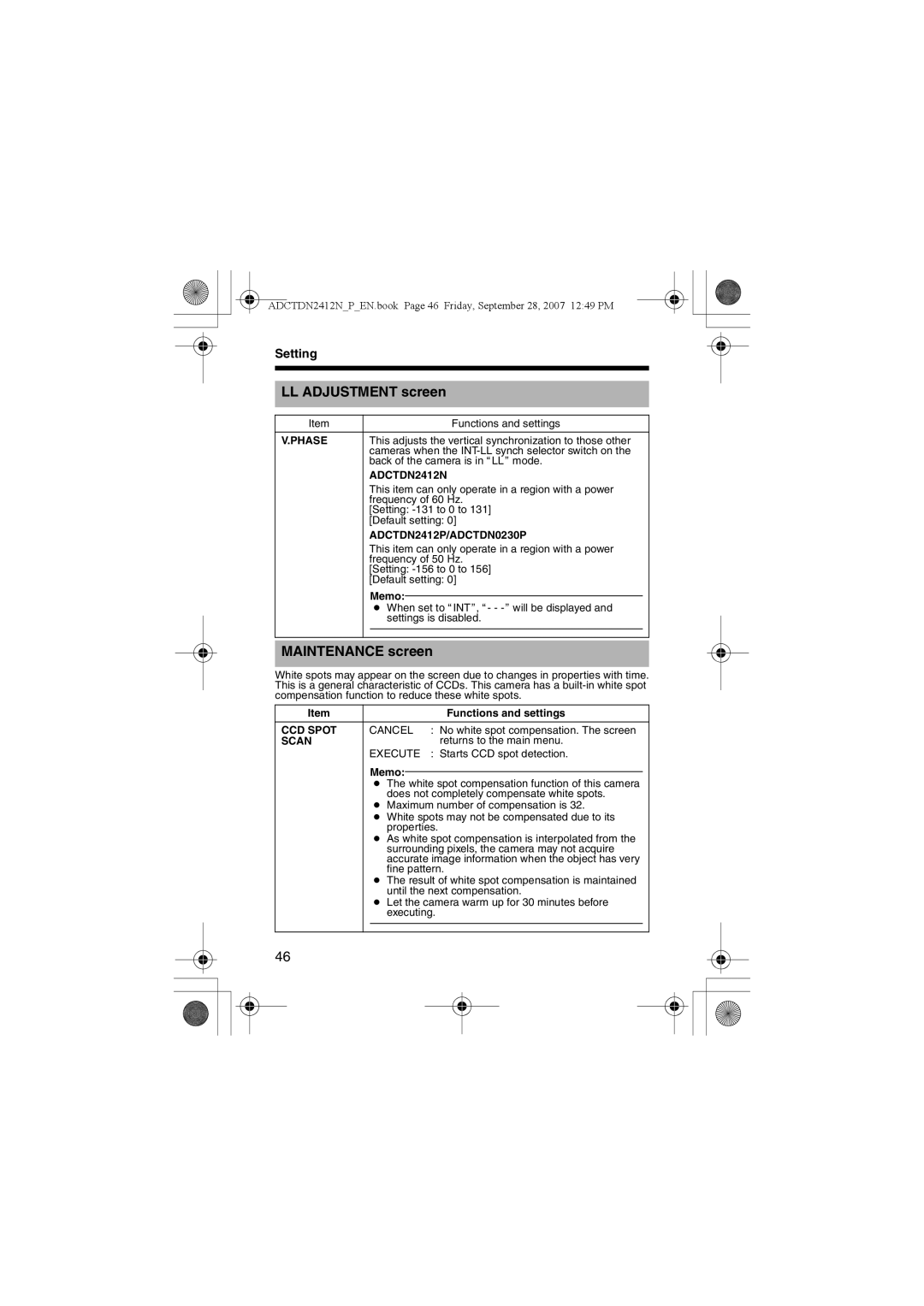 American Dynamics ADCTDN0230P, ADCTDN2412N, ADCTDN2412P LL Adjustment screen, Maintenance screen, Phase, CCD Spot, Scan 