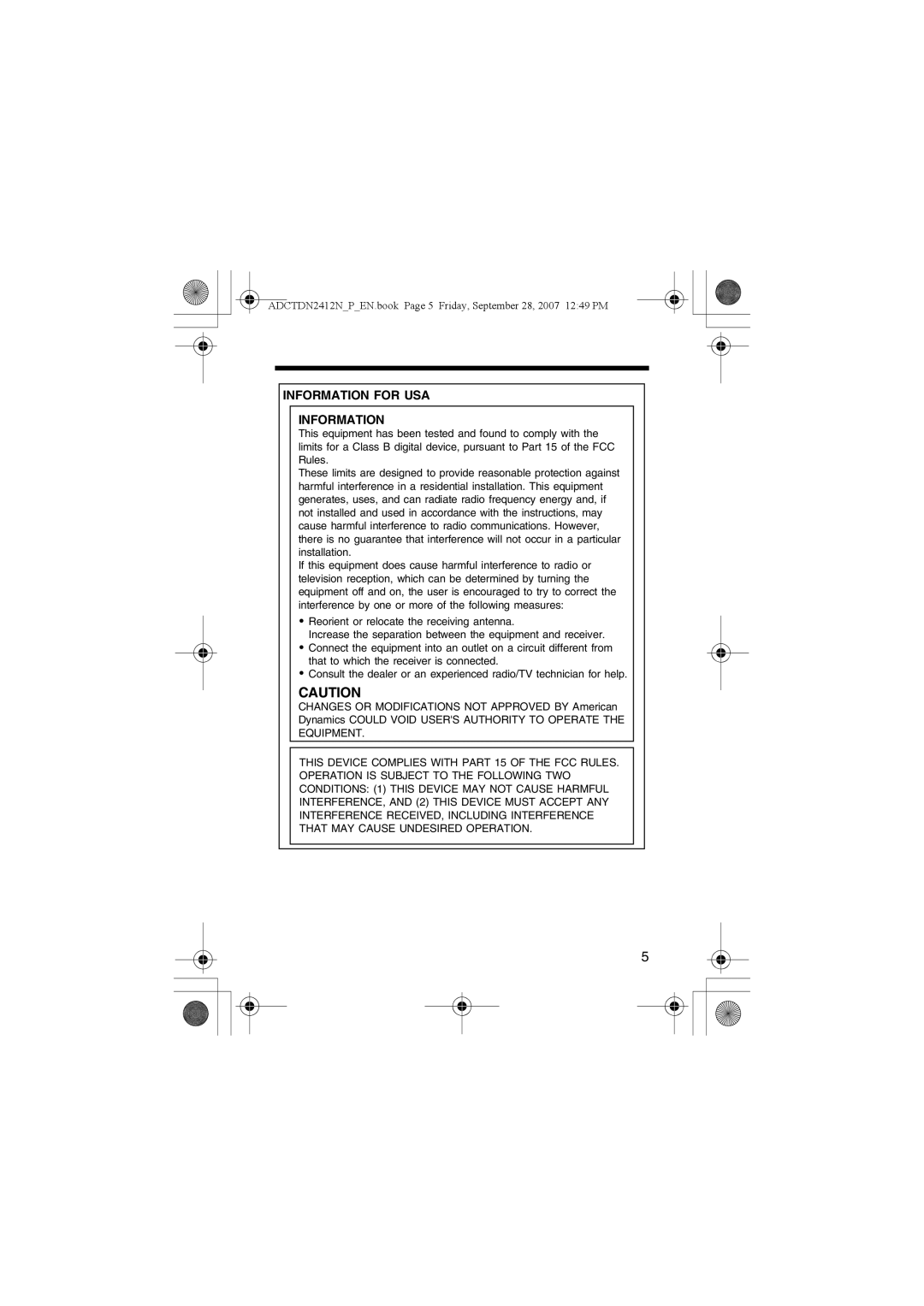 American Dynamics ADCTDN2412P, ADCTDN2412N, ADCTDN0230P manual Information for USA 