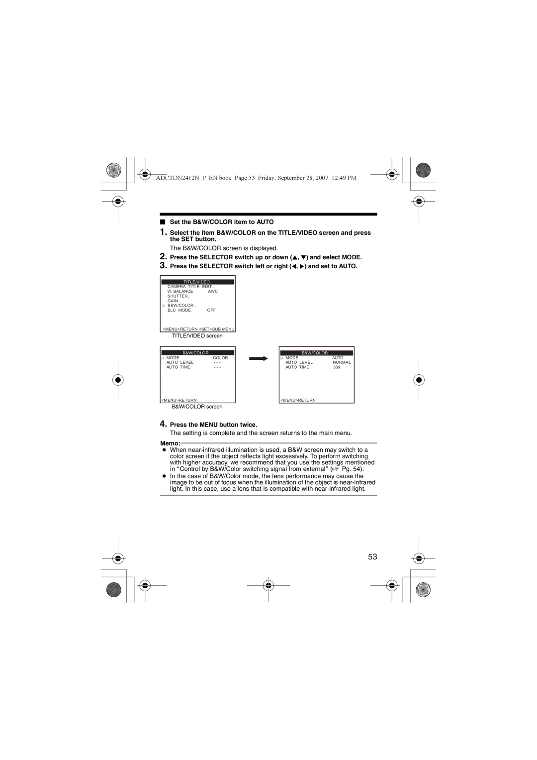 American Dynamics ADCTDN2412P, ADCTDN2412N, ADCTDN0230P manual Setting is complete and the screen returns to the main menu 