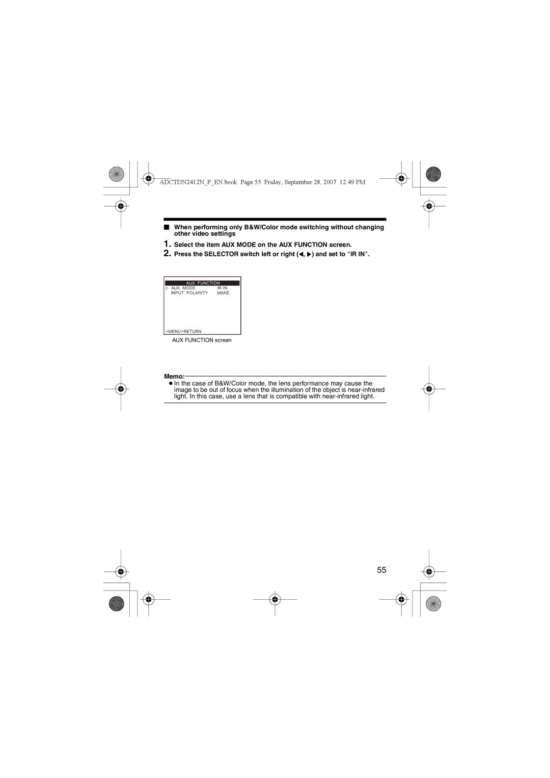 American Dynamics ADCTDN0230P, ADCTDN2412N, ADCTDN2412P manual AUX Modeir Input Polarity Make Menureturn 