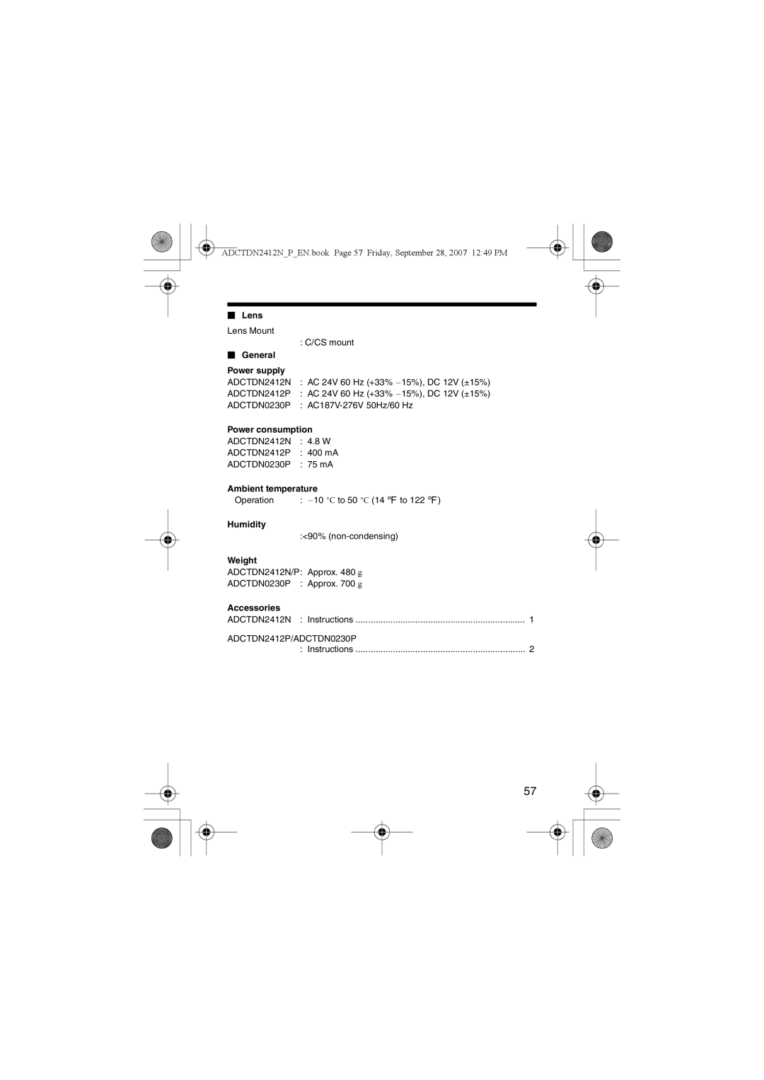 American Dynamics ADCTDN2412N  Lens,  General Power supply, Power consumption, Ambient temperature, Humidity, Weight 