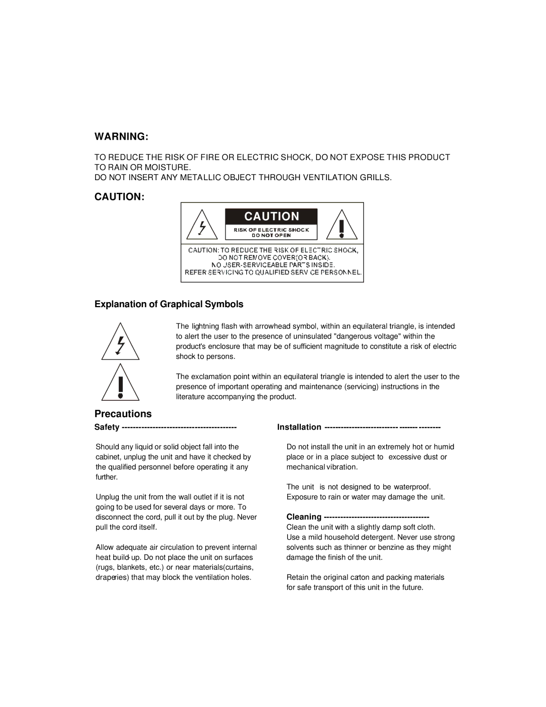 American Dynamics ADMNLCD20 instruction manual Precautions, Safety Installation, Cleaning 