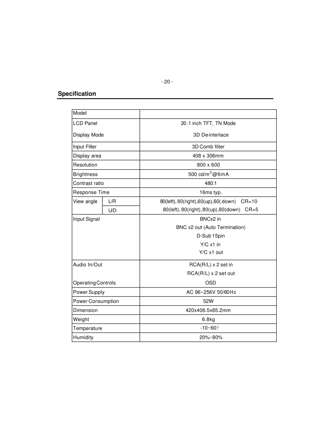 American Dynamics ADMNLCD20 instruction manual Specification, Osd 