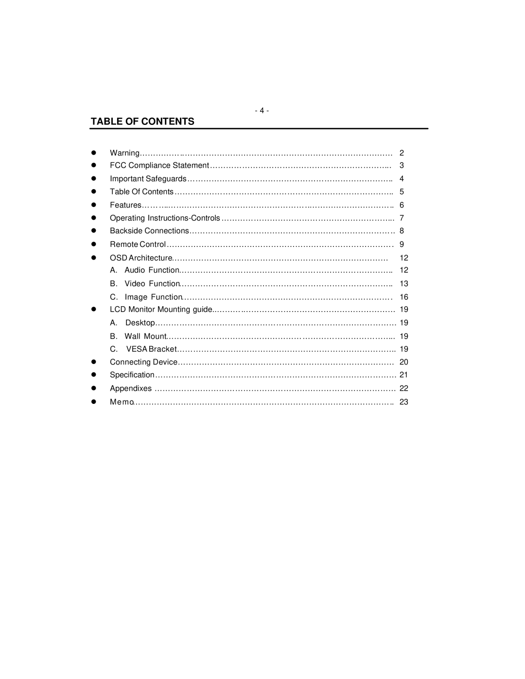 American Dynamics ADMNLCD20 instruction manual Table of Contents 