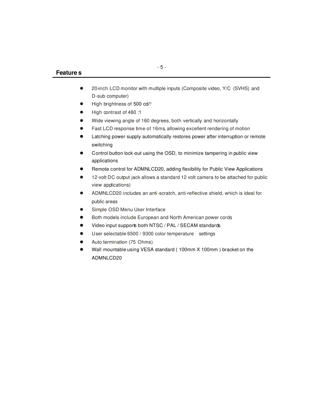 American Dynamics ADMNLCD20 instruction manual Feature s 