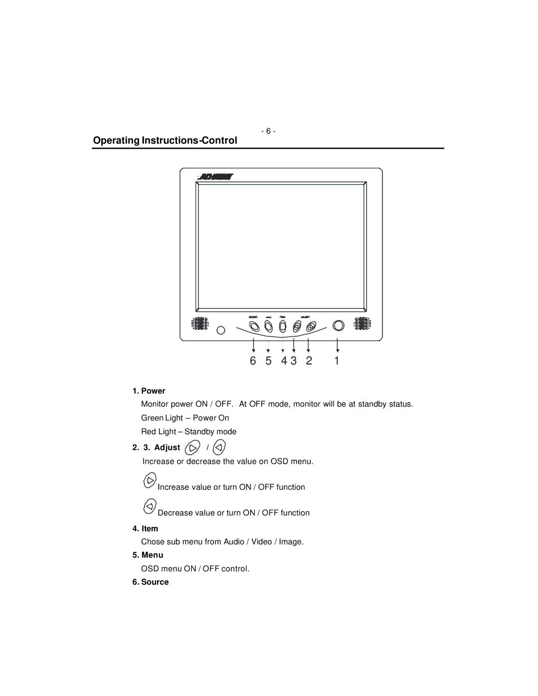 American Dynamics ADMNLCD20 instruction manual Operating Instructions-Control, Power, Adjust, Menu, Source 