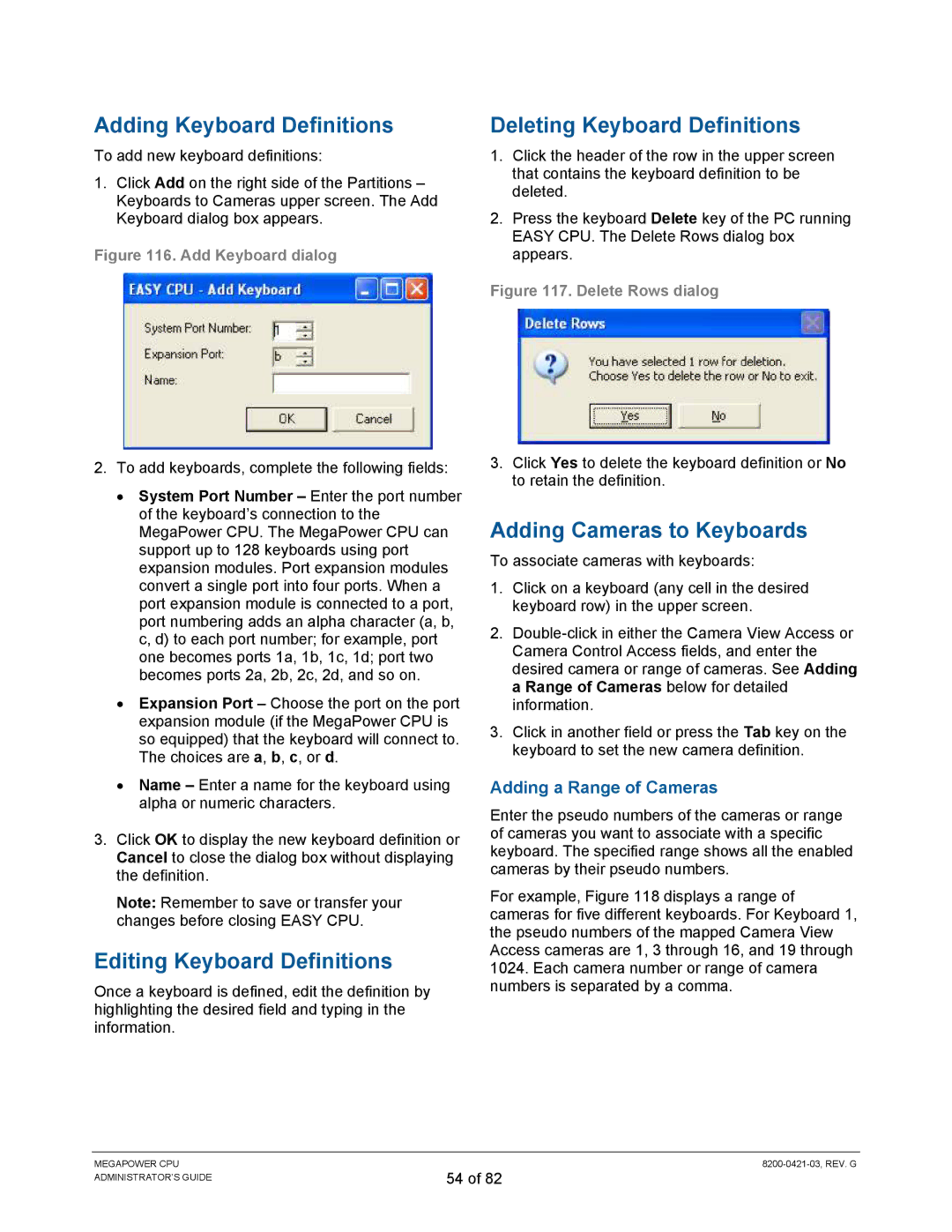 American Dynamics ADMPCPU manual Editing Keyboard Definitions, Deleting Keyboard Definitions, Adding Cameras to Keyboards 