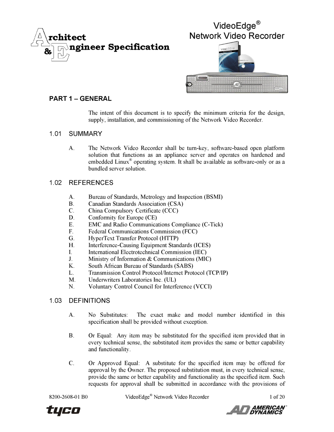 American Dynamics ADNSNVR-CL1 specifications Part 1 General, Summary, References, Definitions 