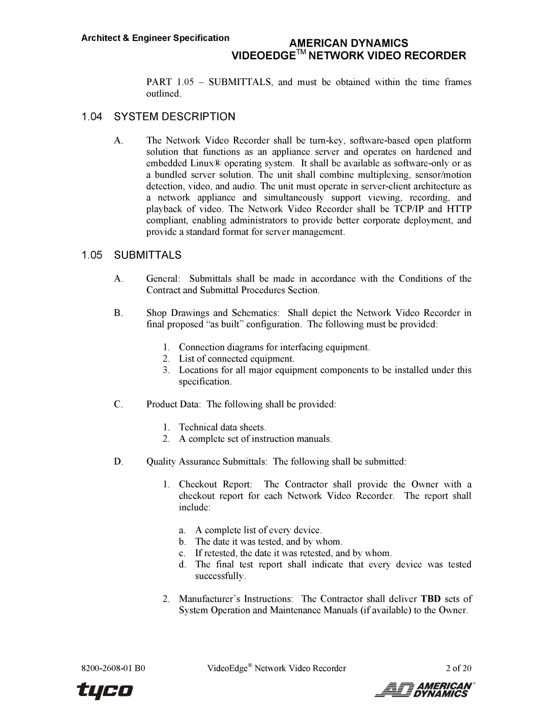 American Dynamics ADNSNVR-CL1 specifications American Dynamics, System Description, Submittals 