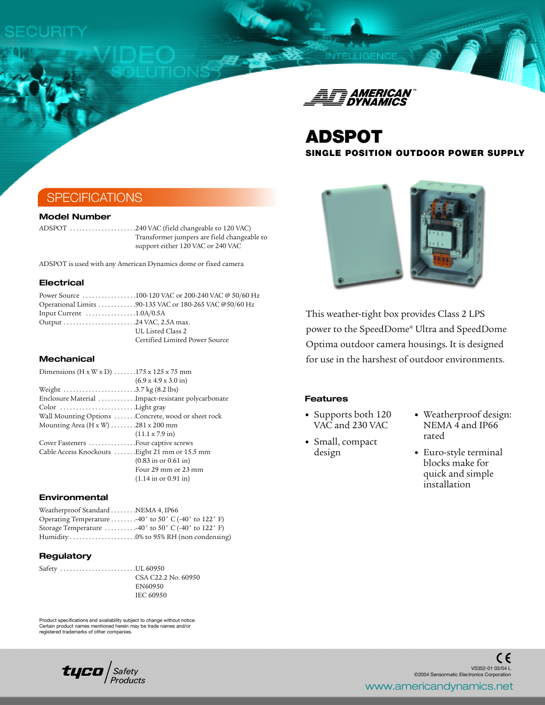 American Dynamics ADSPOT specifications Adspot, Specifications 