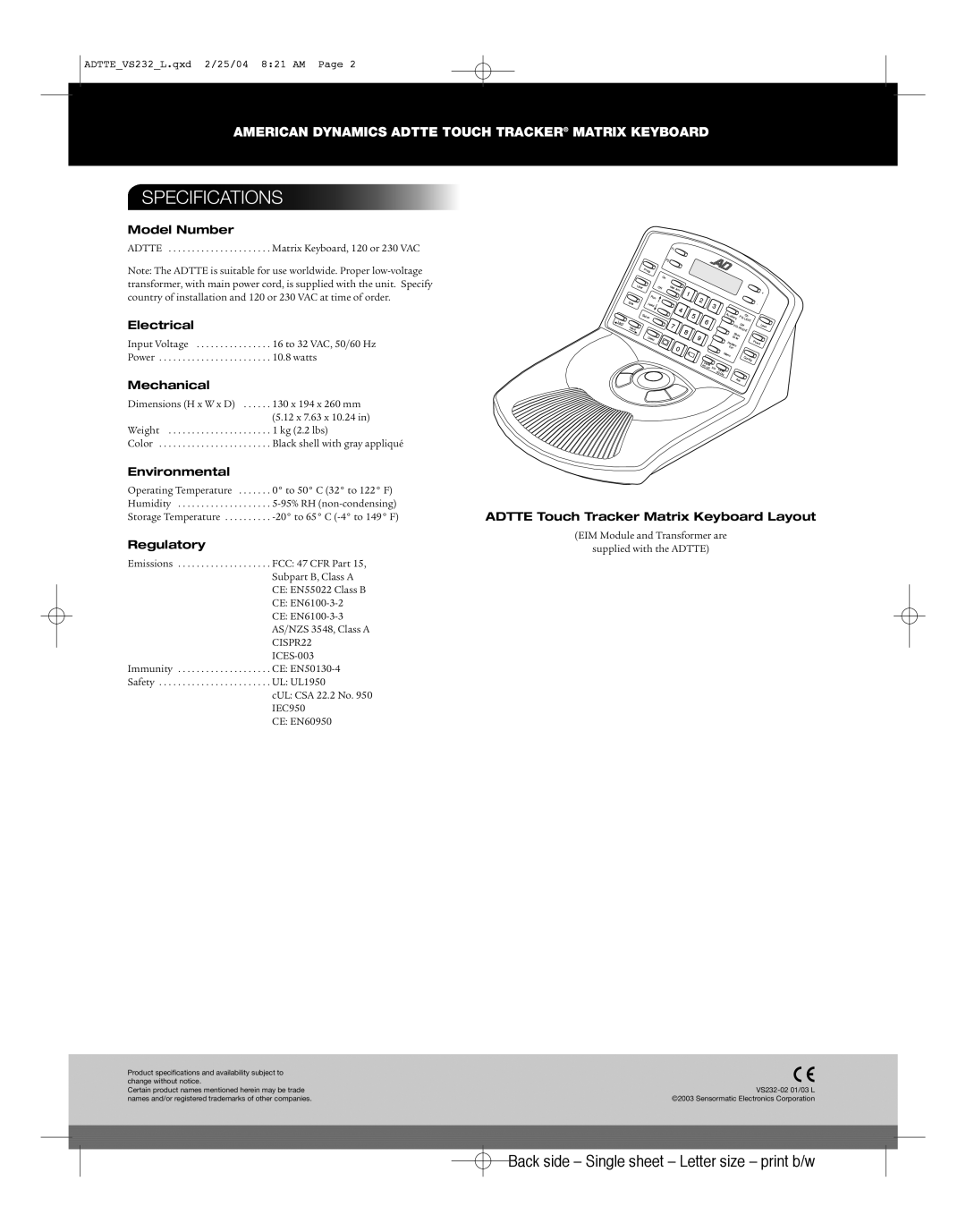 American Dynamics ADTTE manual Specifications 