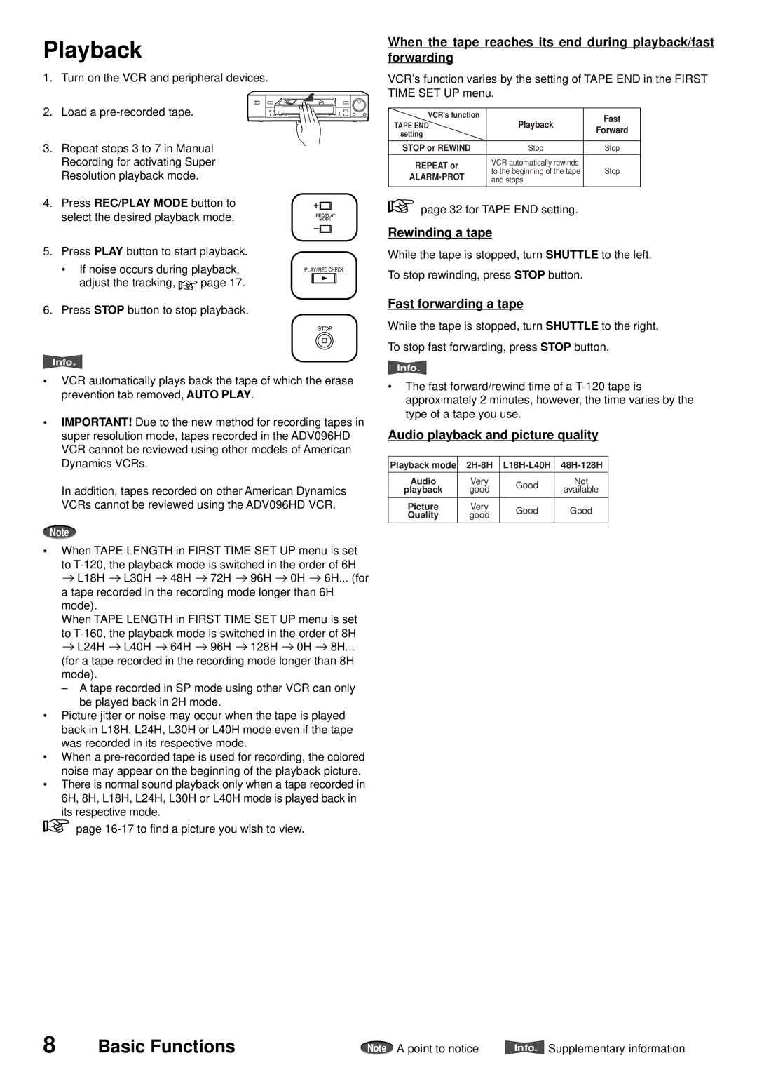 American Dynamics ADV096HD Playback, Rewinding a tape, Fast forwarding a tape, Audio playback and picture quality 