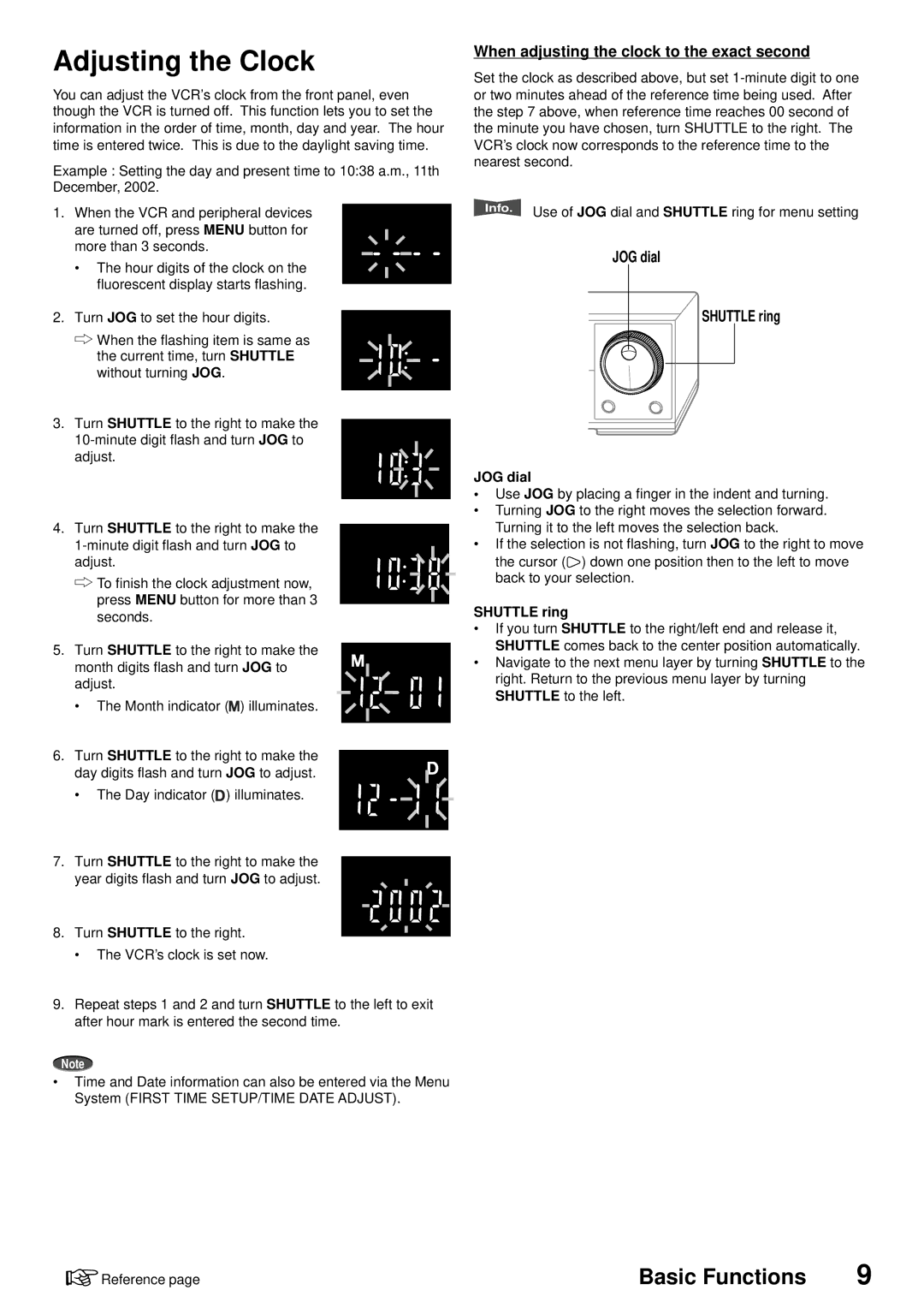 American Dynamics ADV096HD Adjusting the Clock, When adjusting the clock to the exact second, JOG dial Shuttle ring 