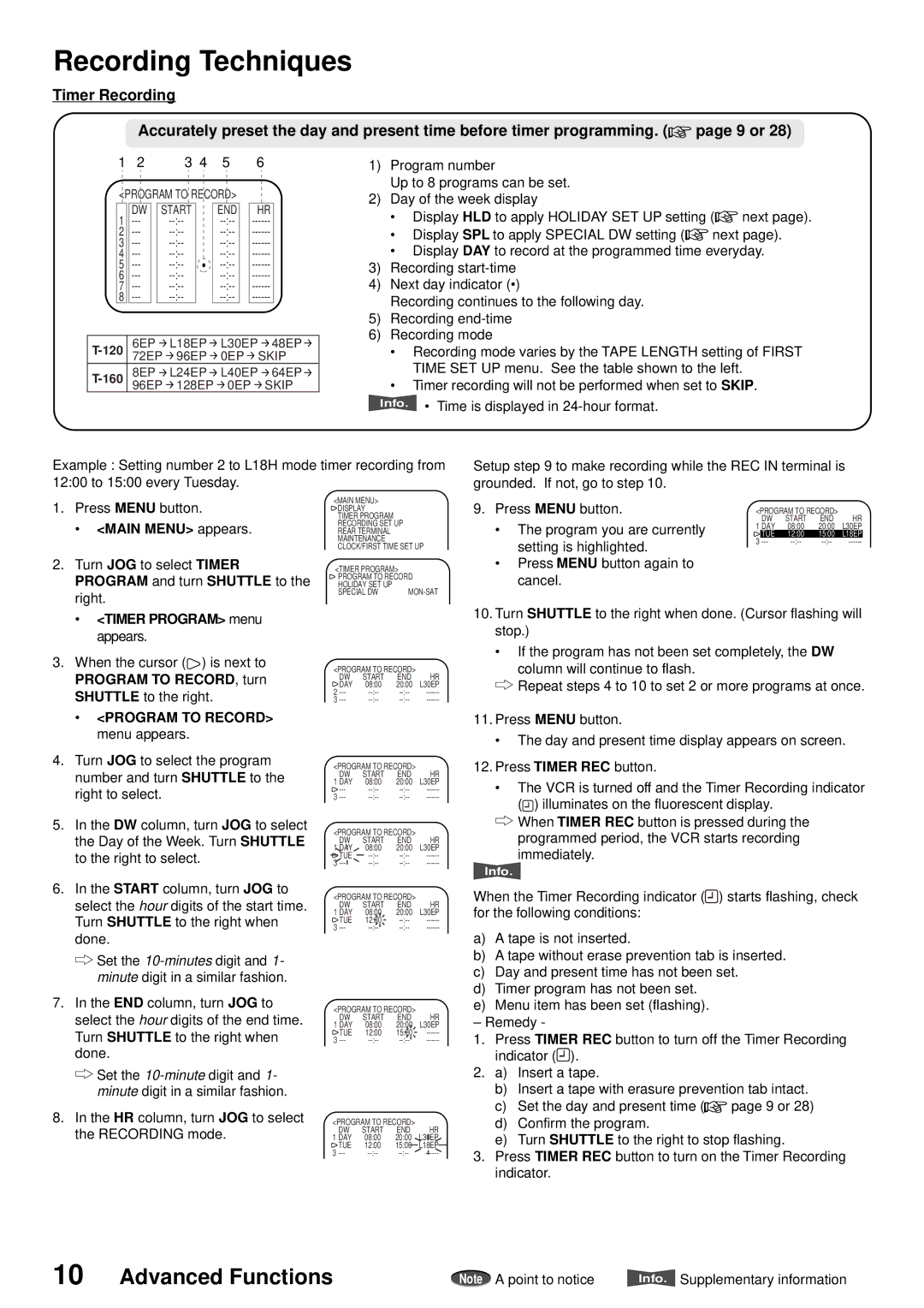 American Dynamics ADV096HD operation manual Recording Techniques, Advanced Functions, Program to Record menu appears 