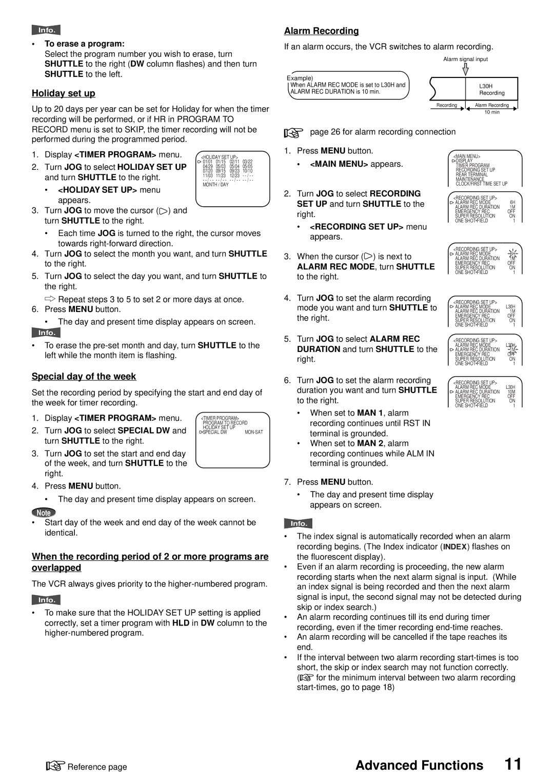 American Dynamics ADV096HD operation manual Holiday set up, Alarm Recording, Special day of the week 