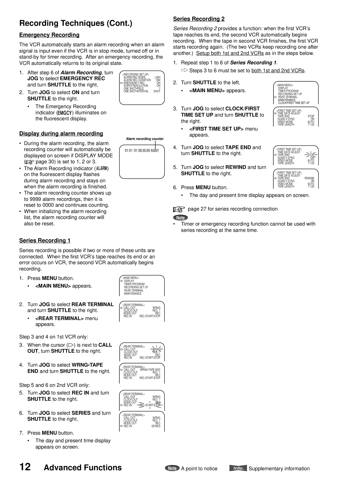 American Dynamics ADV096HD Recording Techniques, Emergency Recording, Series Recording, Display during alarm recording 