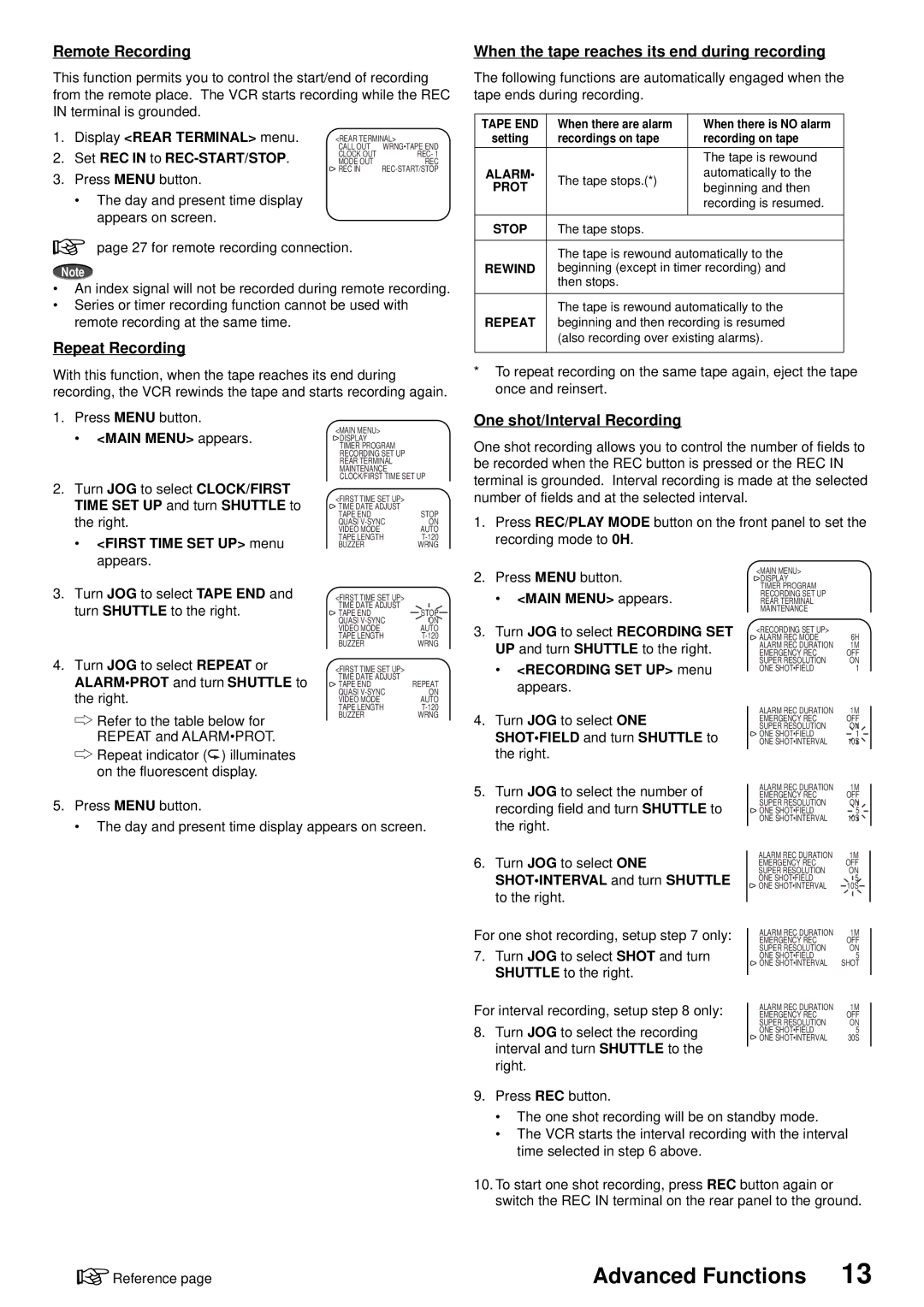 American Dynamics ADV096HD Remote Recording, Repeat Recording, When the tape reaches its end during recording 