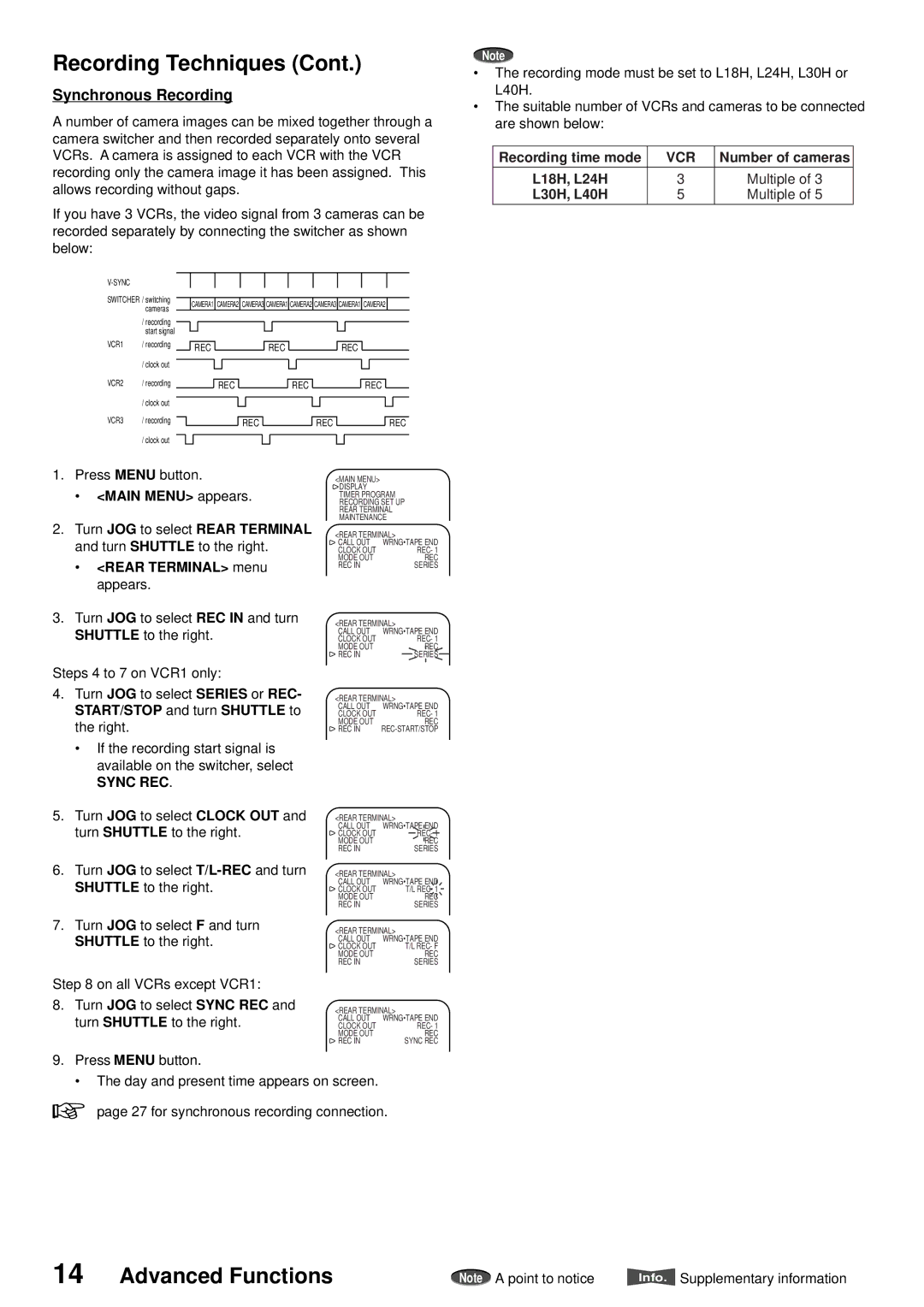 American Dynamics ADV096HD operation manual Synchronous Recording, Recording time mode, Vcr, Number of cameras, Sync REC 