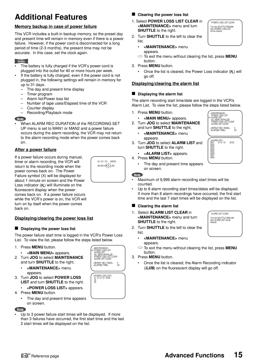 American Dynamics ADV096HD Additional Features, Memory backup in case of power failure, Displaying/clearing the alarm list 