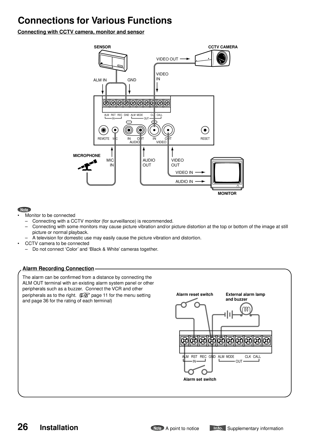 American Dynamics ADV096HD operation manual Connections for Various Functions, Installation, Alarm Recording Connection 