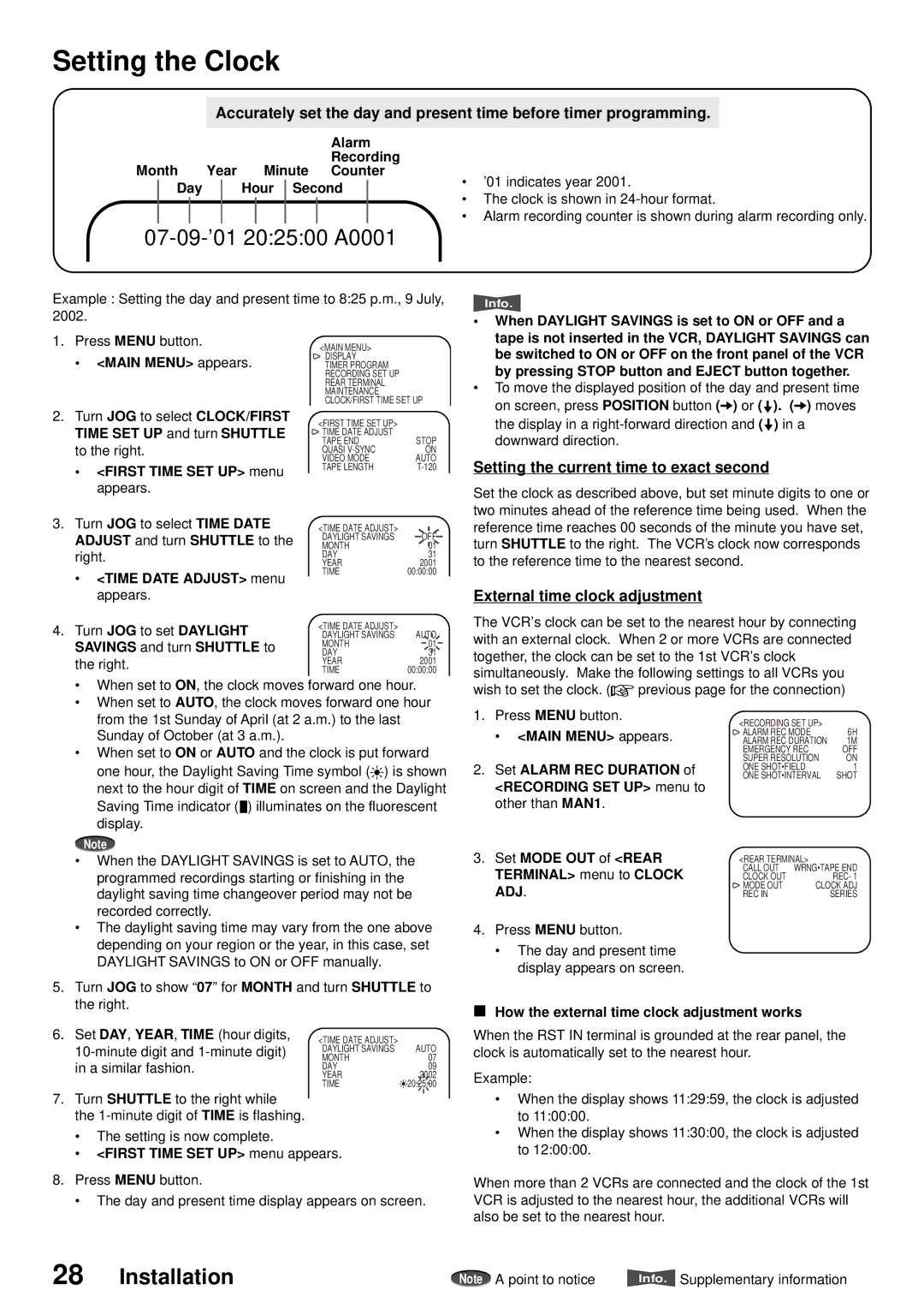 American Dynamics ADV096HD Setting the Clock, Setting the current time to exact second, External time clock adjustment 