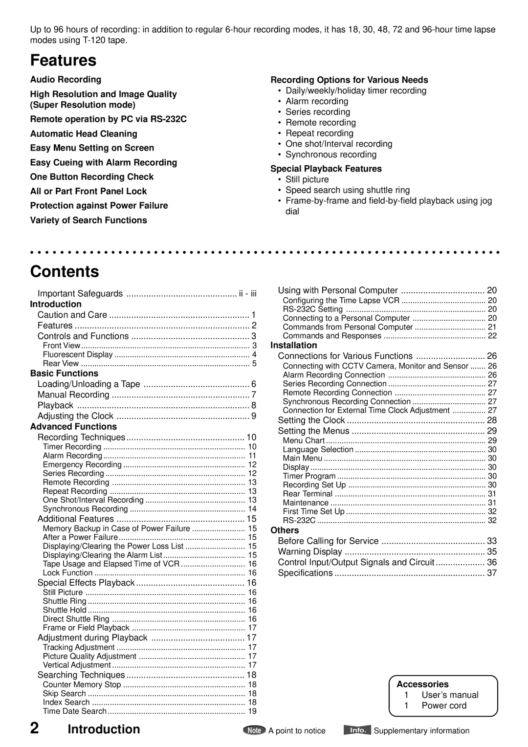 American Dynamics ADV096HD operation manual Features, Contents 