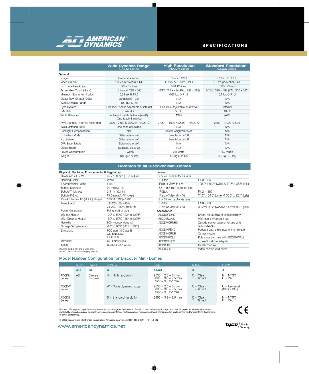 American Dynamics Discover Series manual Specification S, Wide Dynamic Range High Resolution Standard Resolution 