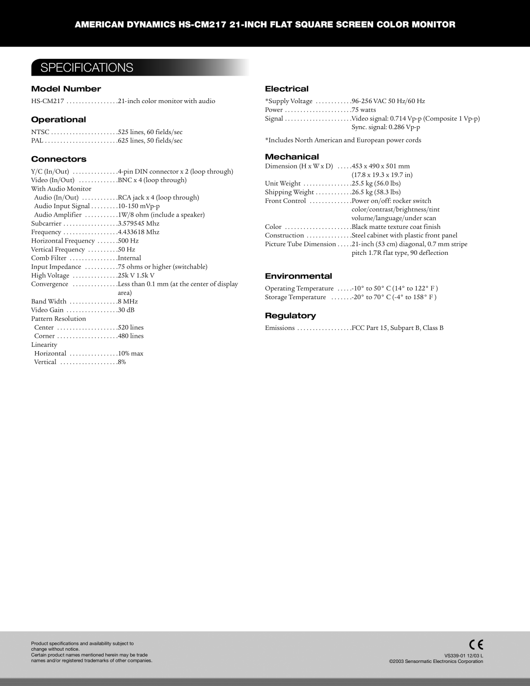 American Dynamics HS-CM217 manual Specifications 