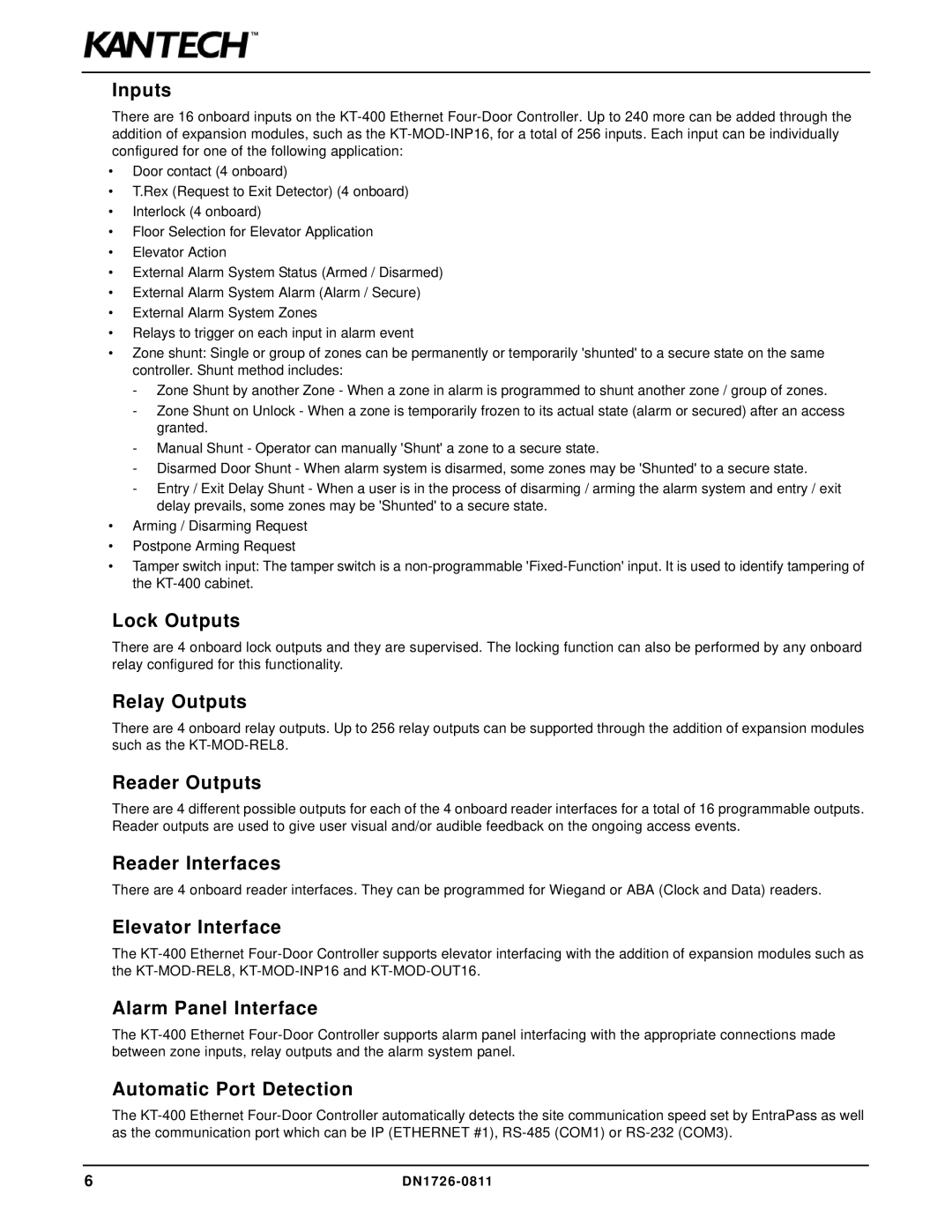 American Dynamics KT-400 installation manual Inputs 