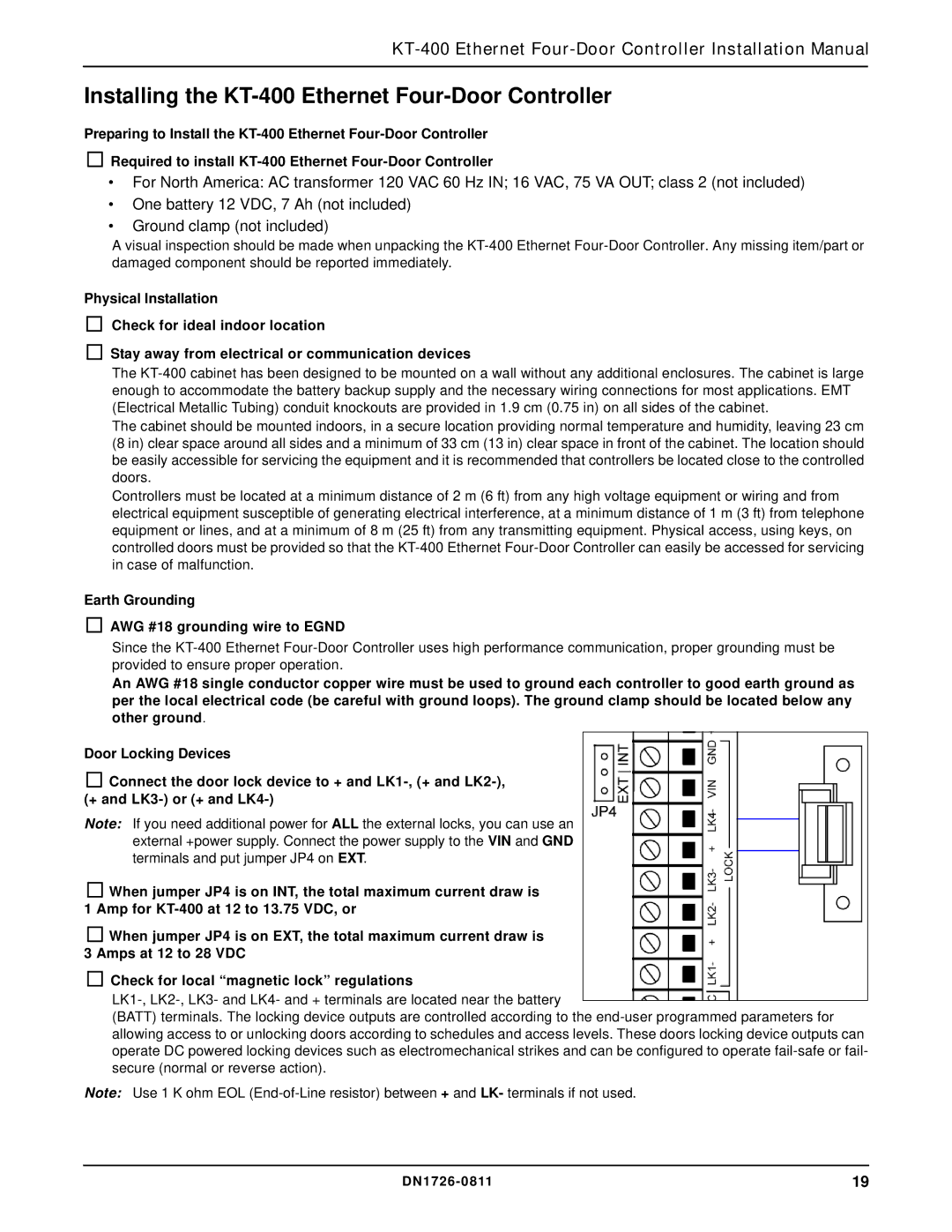 American Dynamics Installing the KT-400 Ethernet Four-Door Controller, Earth Grounding AWG #18 grounding wire to Egnd 