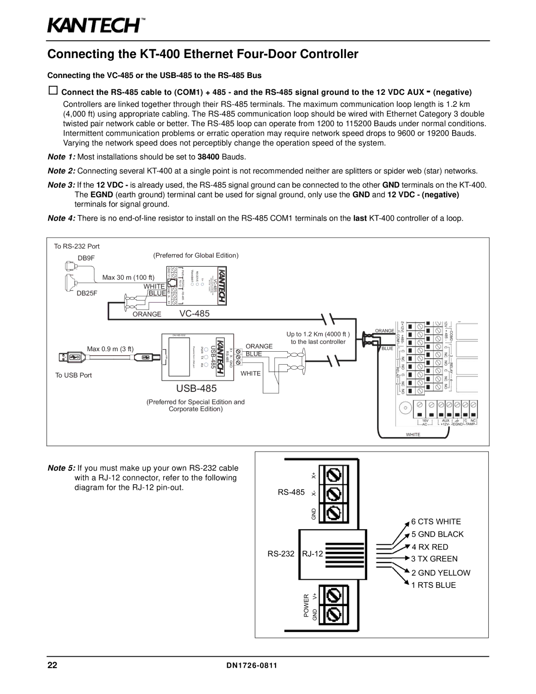 American Dynamics installation manual Connecting the KT-400 Ethernet Four-Door Controller, Blue 