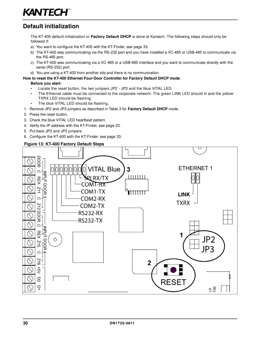 American Dynamics installation manual Default initialization, KT-400 Factory Default Steps 