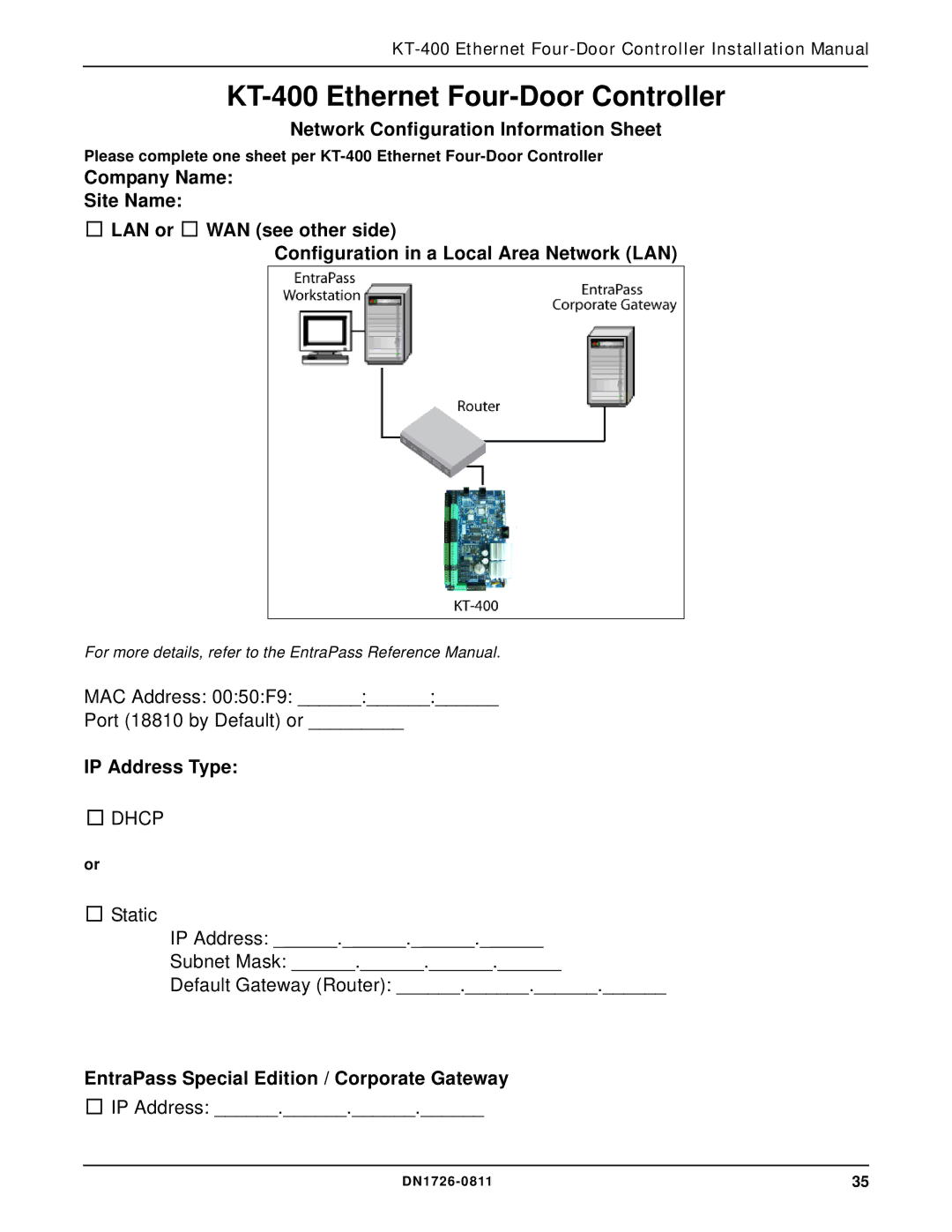 American Dynamics installation manual KT-400 Ethernet Four-Door Controller 