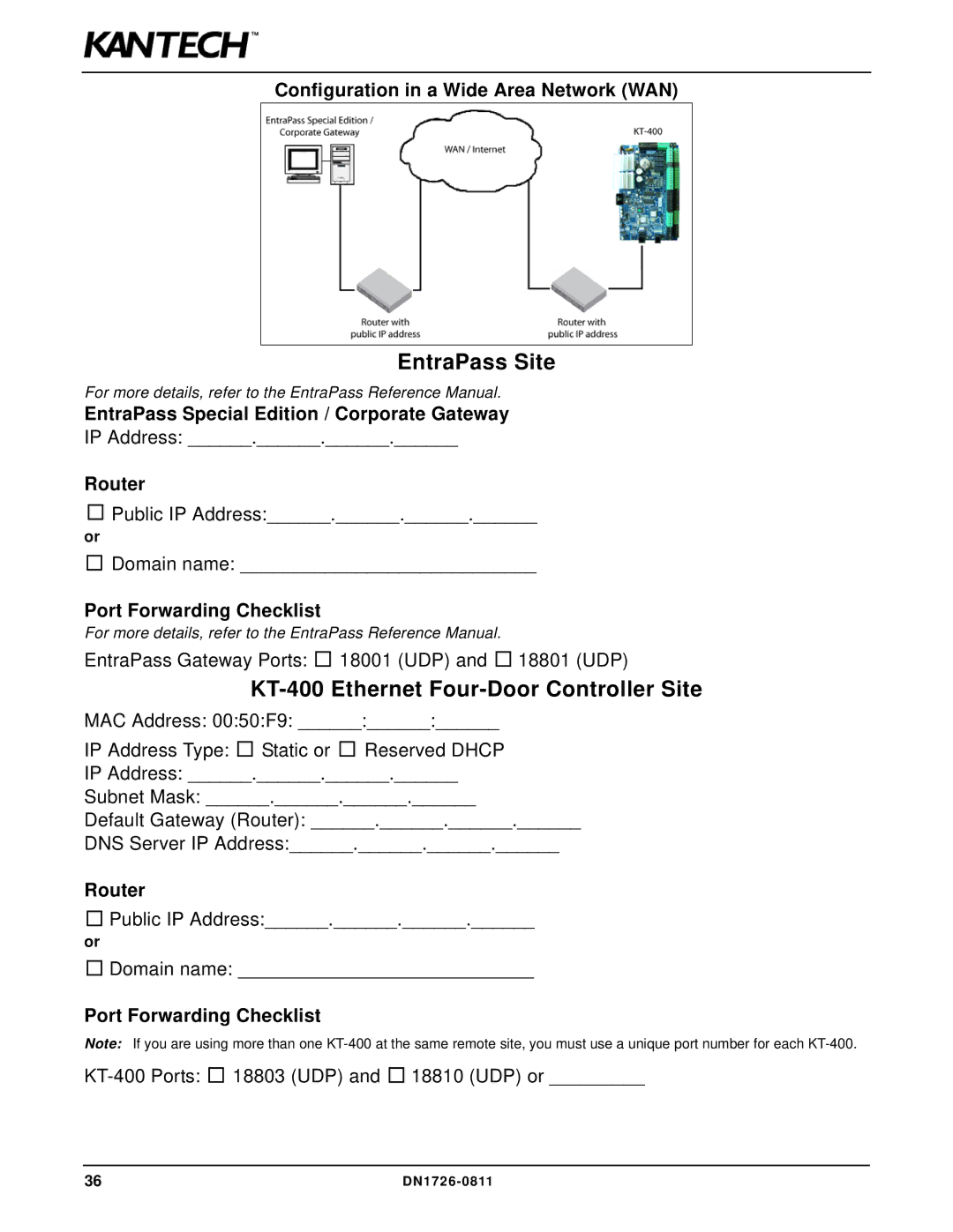 American Dynamics installation manual EntraPass Site, KT-400 Ethernet Four-Door Controller Site 