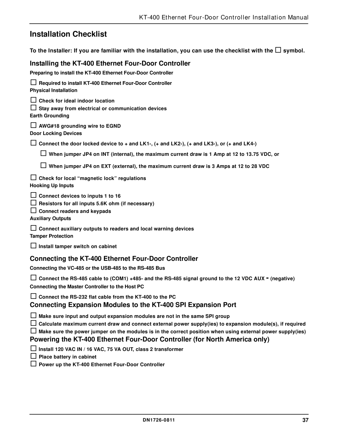 American Dynamics installation manual Installation Checklist, Installing the KT-400 Ethernet Four-Door Controller 