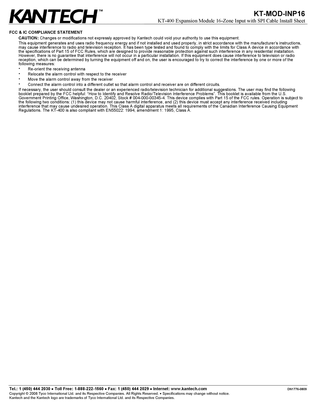 American Dynamics KT-MOD-INP16 specifications FCC & IC Compliance Statement 