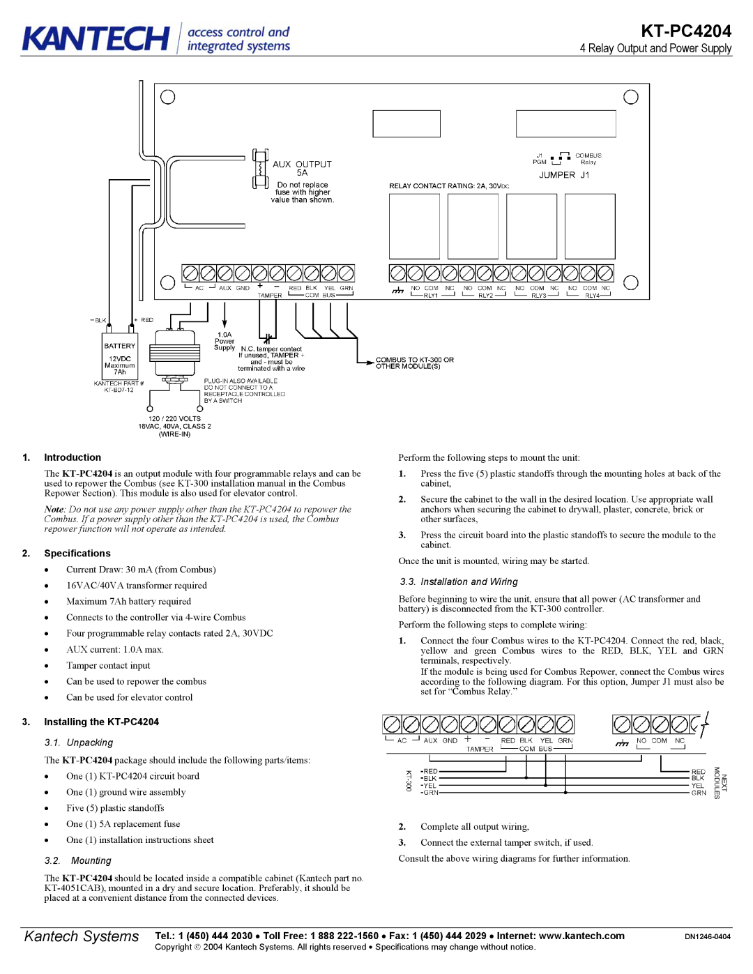 American Dynamics KT-PC4204 specifications Introduction, Specifications, Mounting, Installation and Wiring 