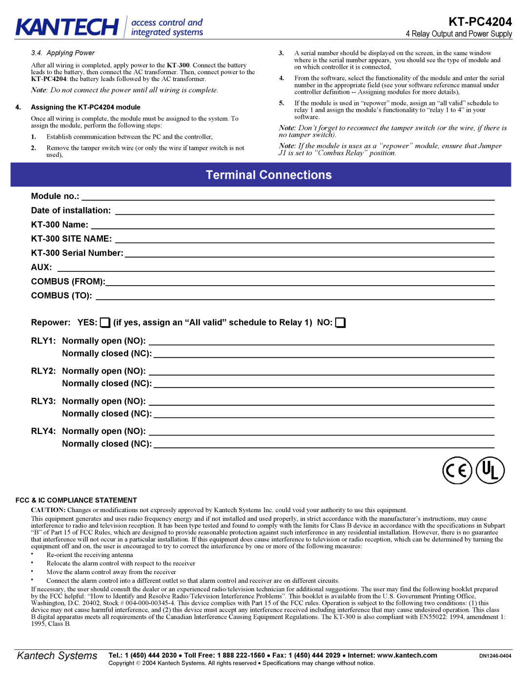 American Dynamics specifications Applying Power, Assigning the KT-PC4204 module 