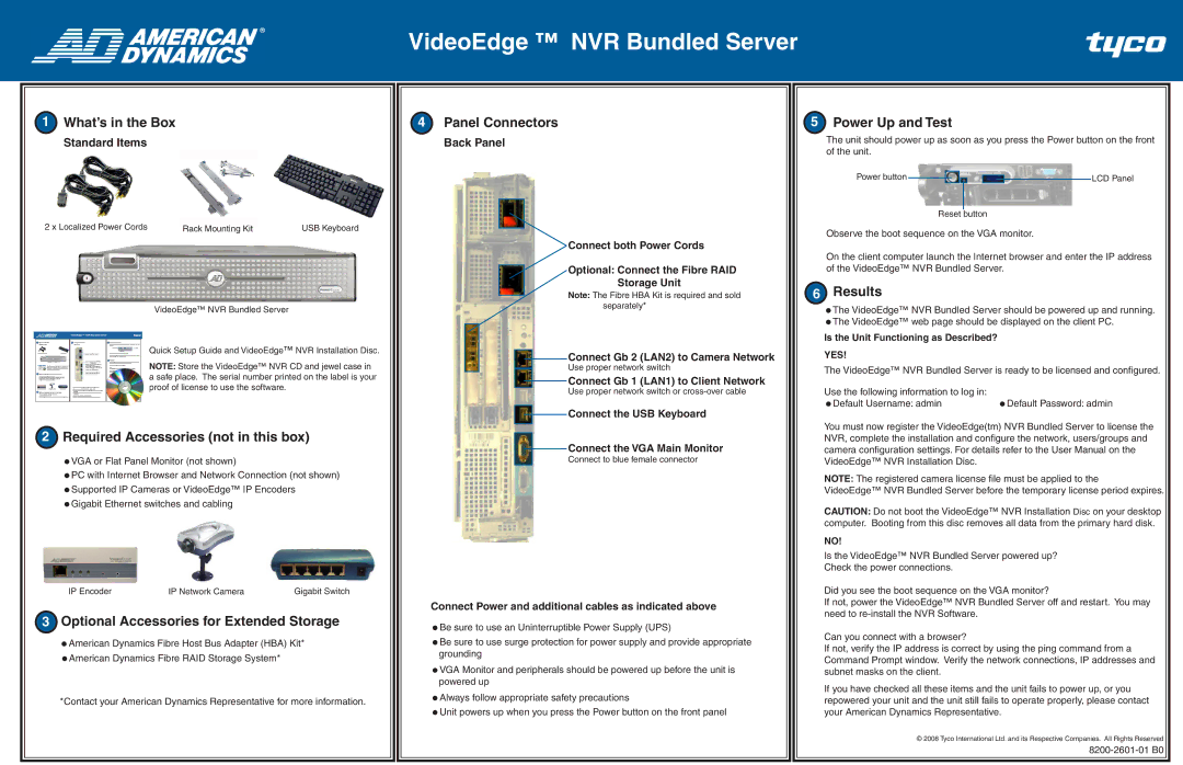 American Dynamics NVR Bundled Server setup guide What’s in the Box, Required Accessories not in this box, Panel Connectors 