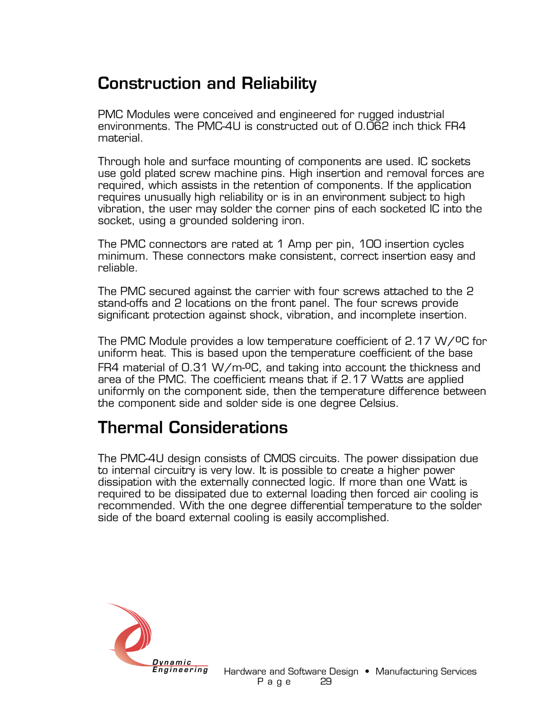 American Dynamics PMC-4U-CACI user manual Construction and Reliability, Thermal Considerations 