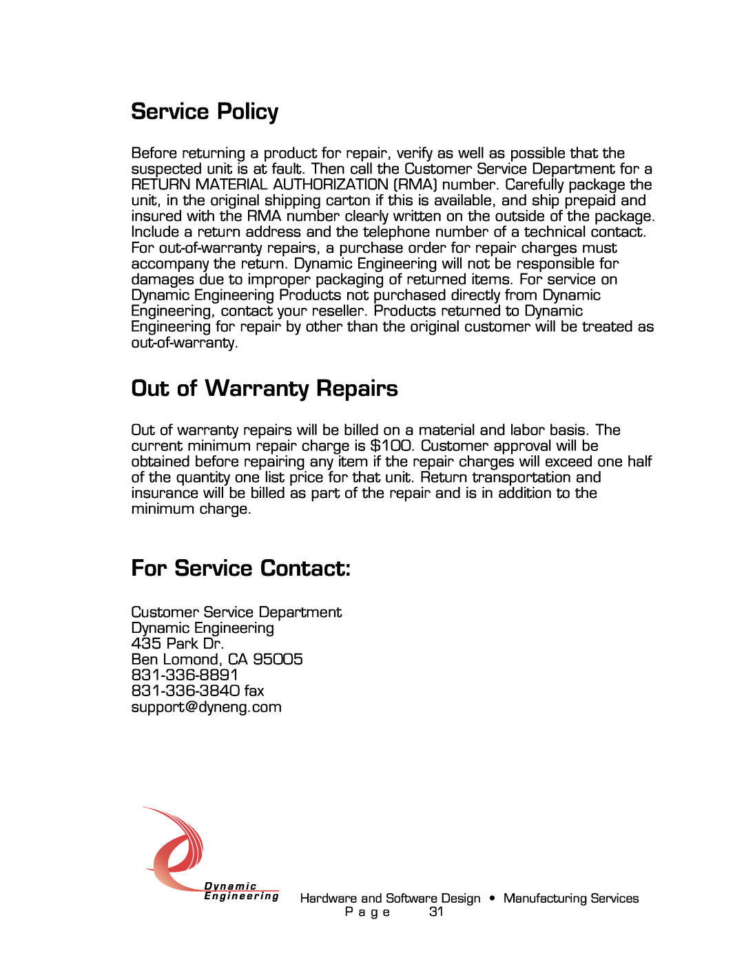 American Dynamics PMC-4U-CACI user manual Service Policy, Out of Warranty Repairs, For Service Contact 