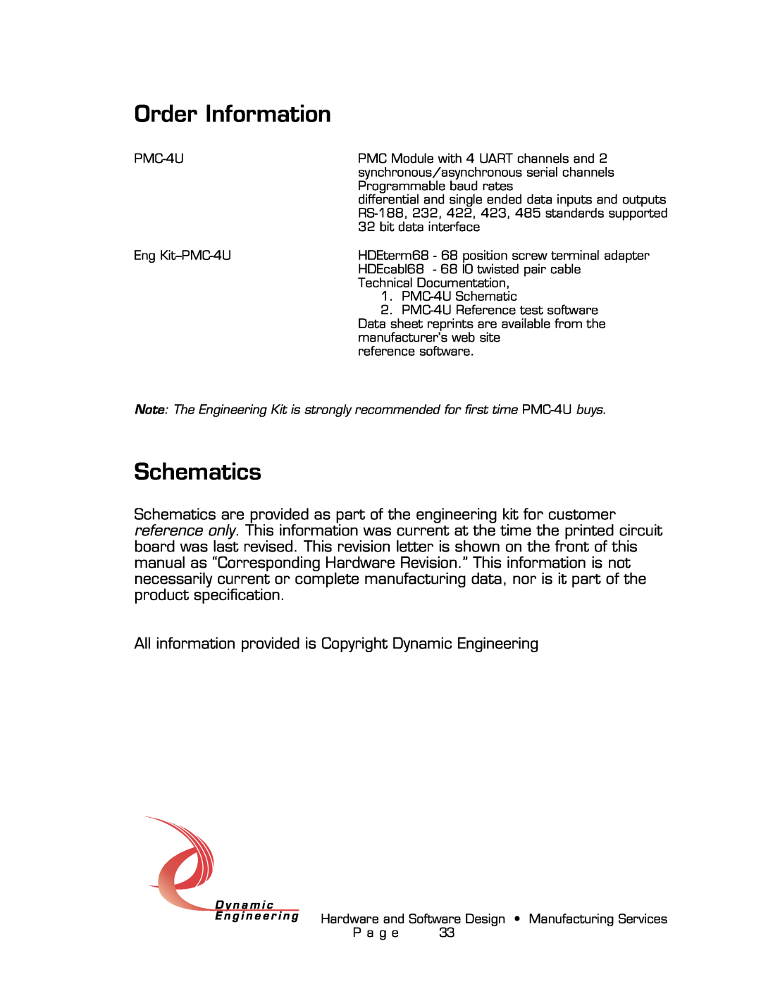 American Dynamics PMC-4U-CACI user manual Order Information, Schematics 