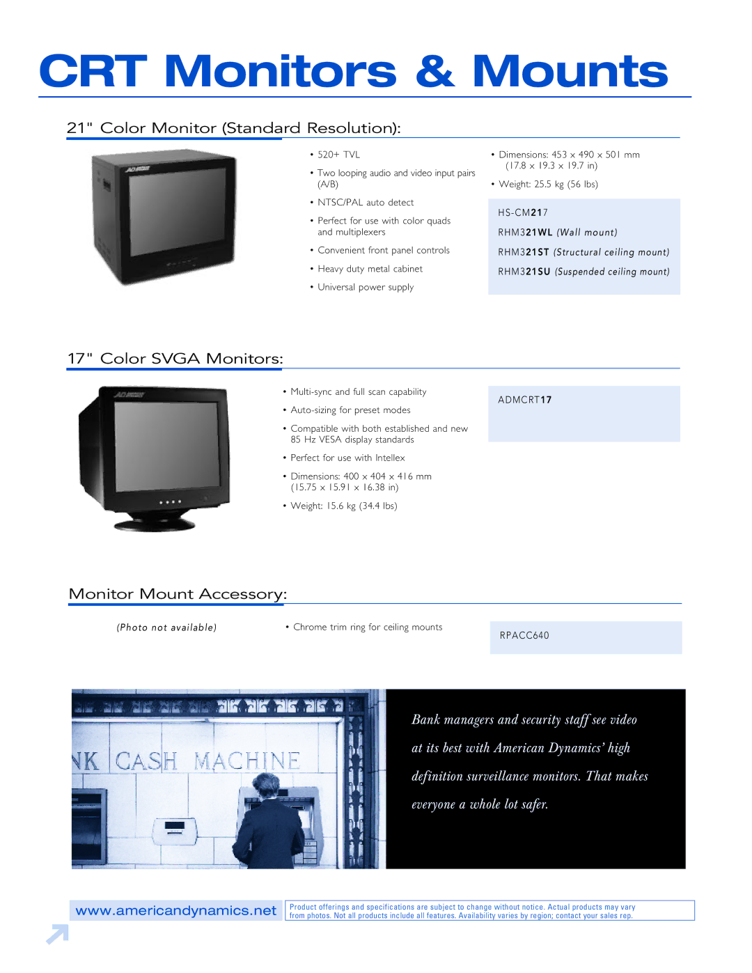 American Dynamics LCD, PVM, Plasma & CRT Monitors manual CRT Monitors & Mounts, Color Svga Monitors, Monitor Mount Accessory 