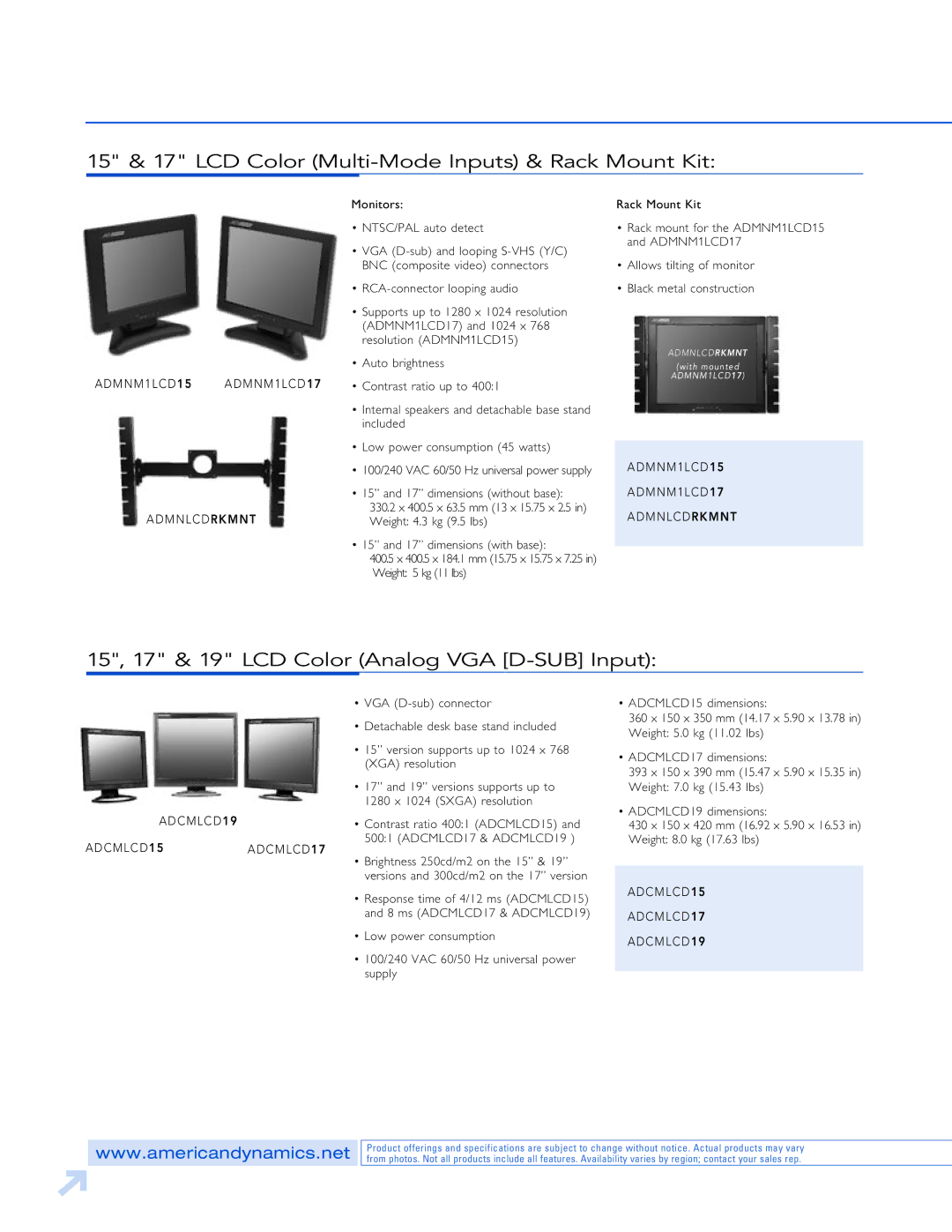 American Dynamics 15 & 17 LCD Color Multi-Mode Inputs & Rack Mount Kit, 15, 17 & 19 LCD Color Analog VGA D-sub Input 