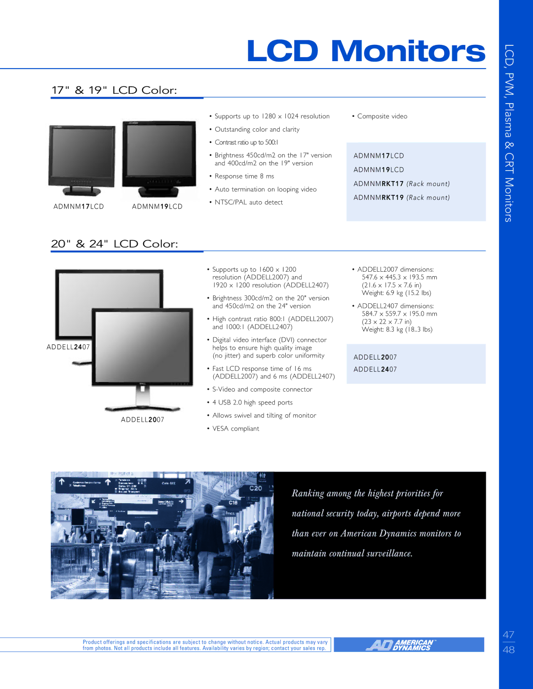 American Dynamics Plasma & CRT Monitors, PVM manual LCD Monitors, 17 & 19 LCD Color, 20 & 24 LCD Color 