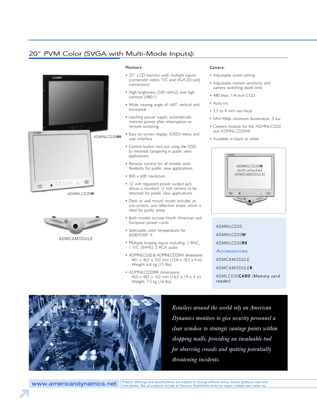 American Dynamics LCD, Plasma & CRT Monitors manual PVM Color Svga with Multi-Mode Inputs, Admcamodule 