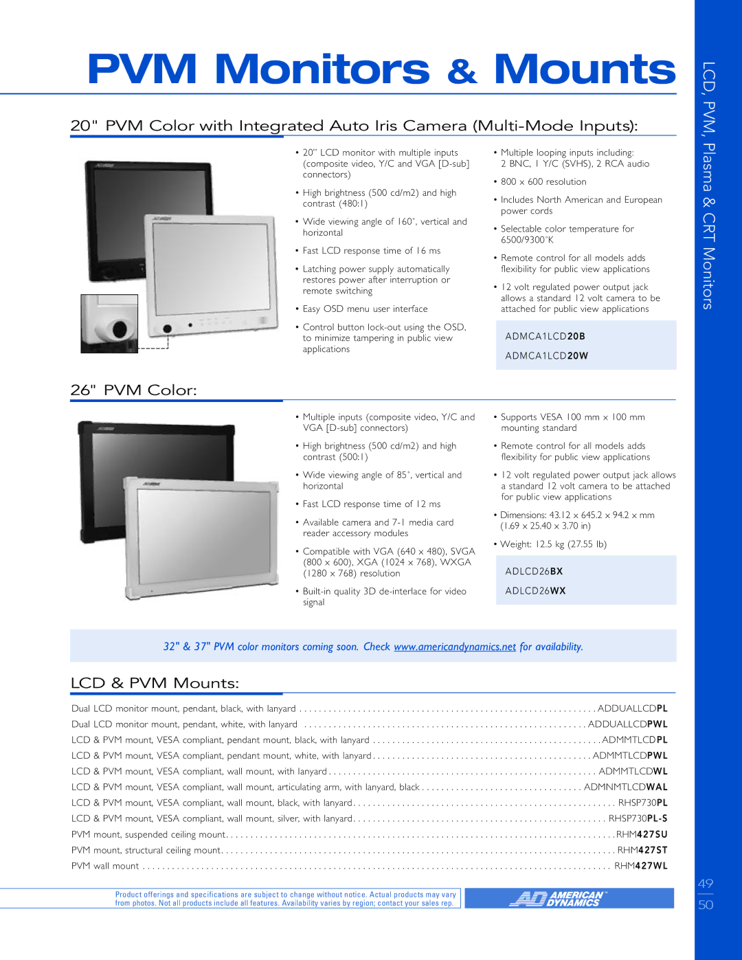 American Dynamics Plasma & CRT Monitors manual PVM Monitors & Mounts, PVM Color, LCD & PVM Mounts 