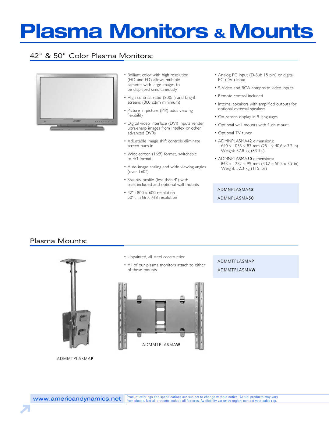 American Dynamics Plasma & CRT Monitors, PVM, LCD Plasma Monitors & Mounts, 42 & 50 Color Plasma Monitors, Plasma Mounts 