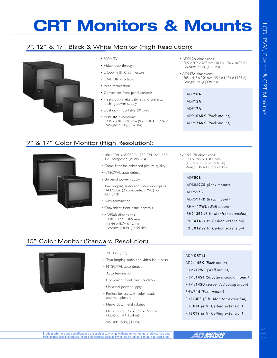 American Dynamics PVM CRT Monitors & Mounts, 12 & 17 Black & White Monitor High Resolution, Color Monitor High Resolution 